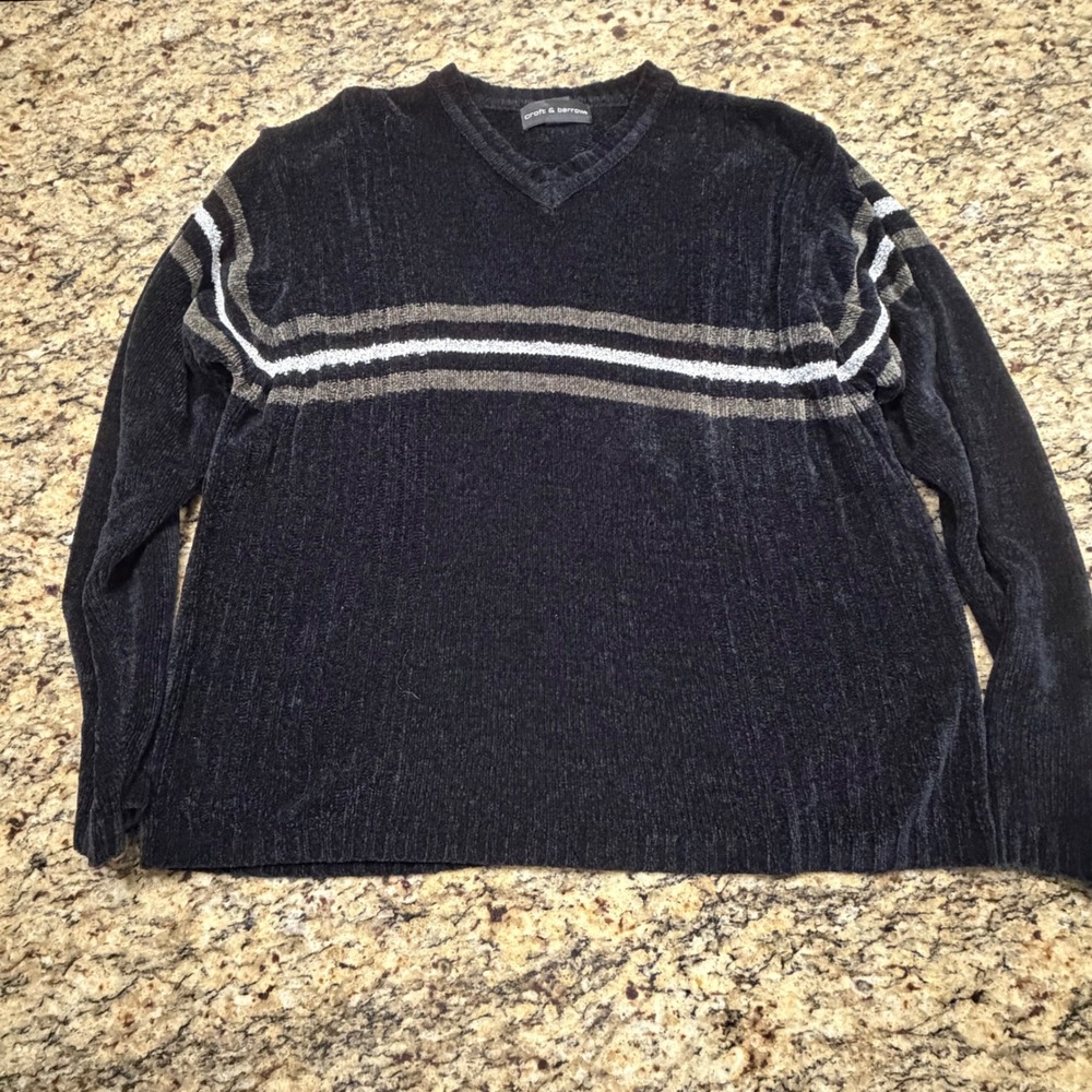 Croft & Barrow Mens Black Chenille V-Neck Sweater Striped Knit Pullover Large